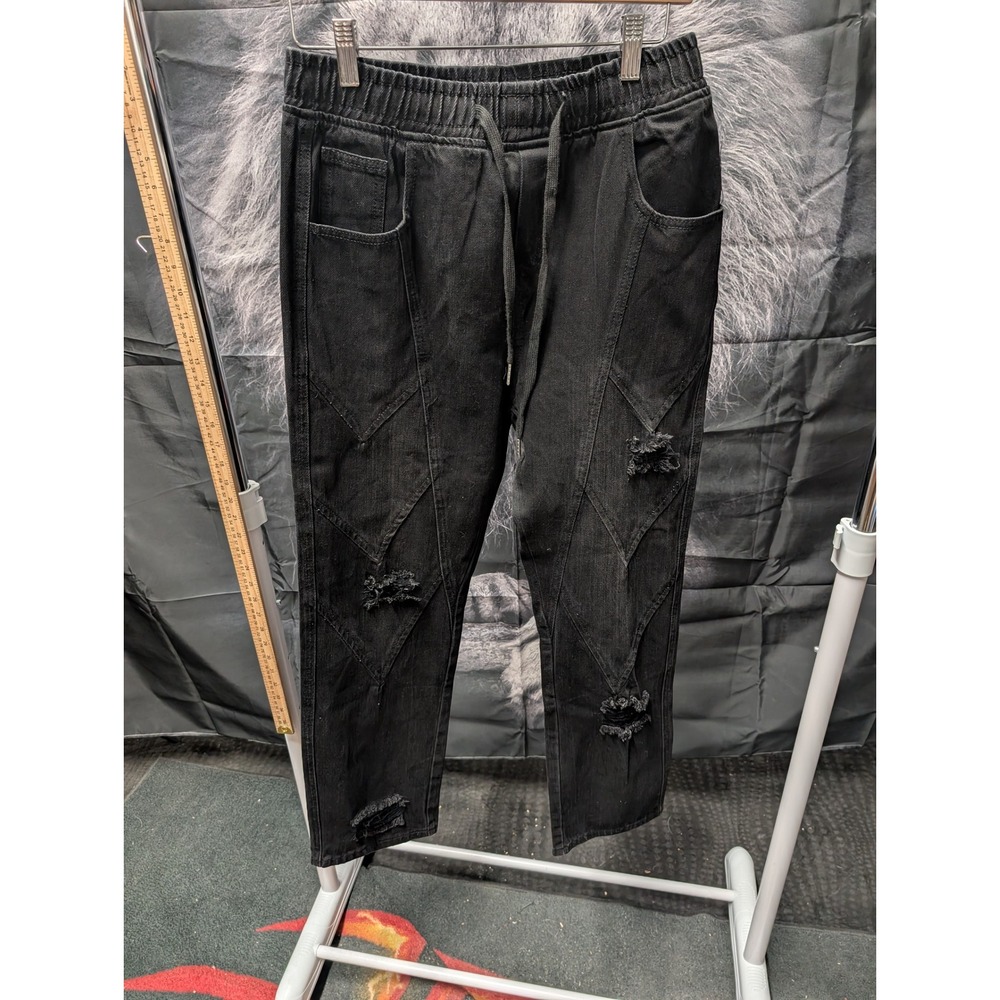 Watson Mens Distressed Denim Joggers Washed Black Paneled Streetwear Size 32 28L